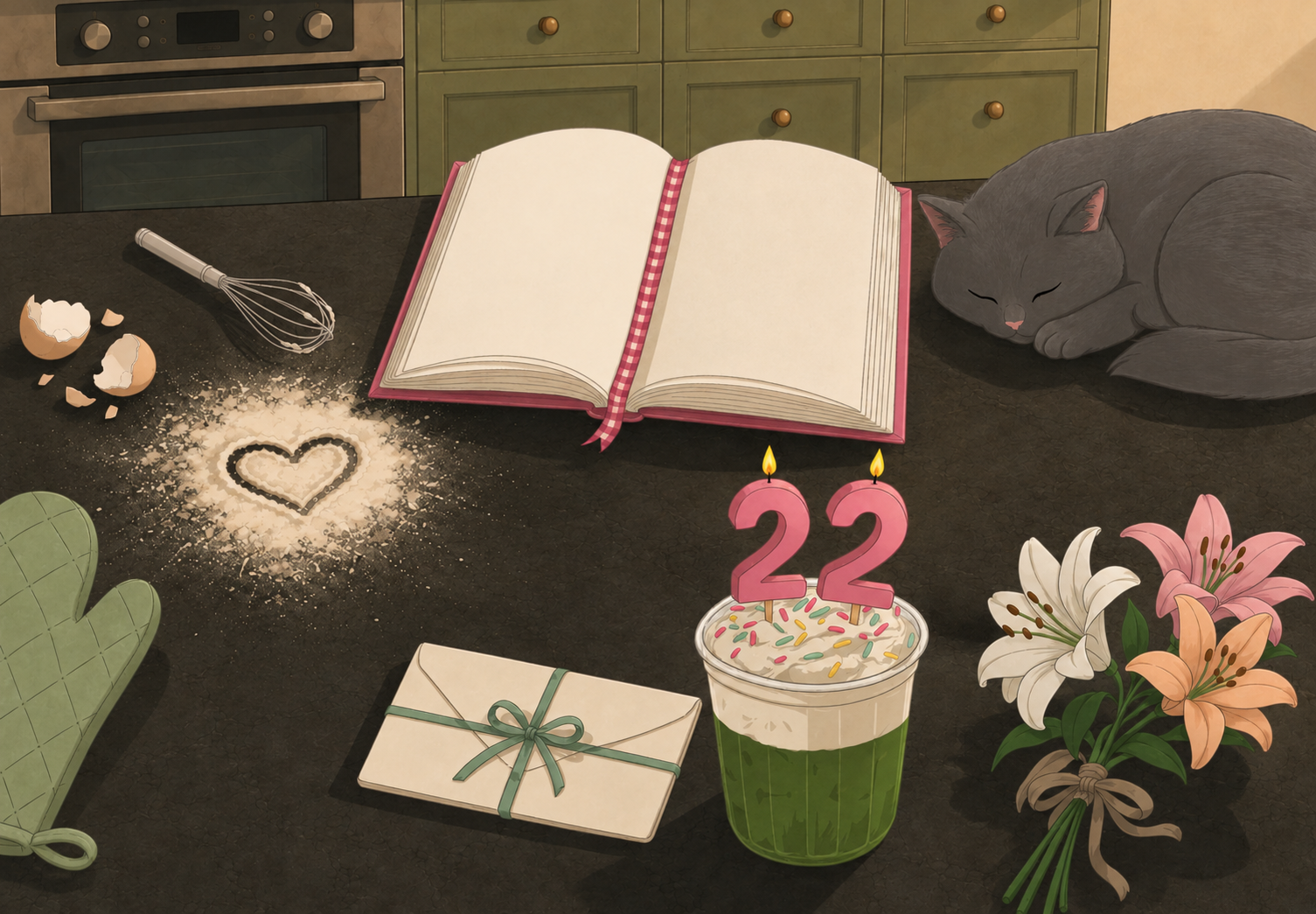 A table after baking, with a cookbook, an envelope, lilies, a matcha drink, and a sleeping cat.